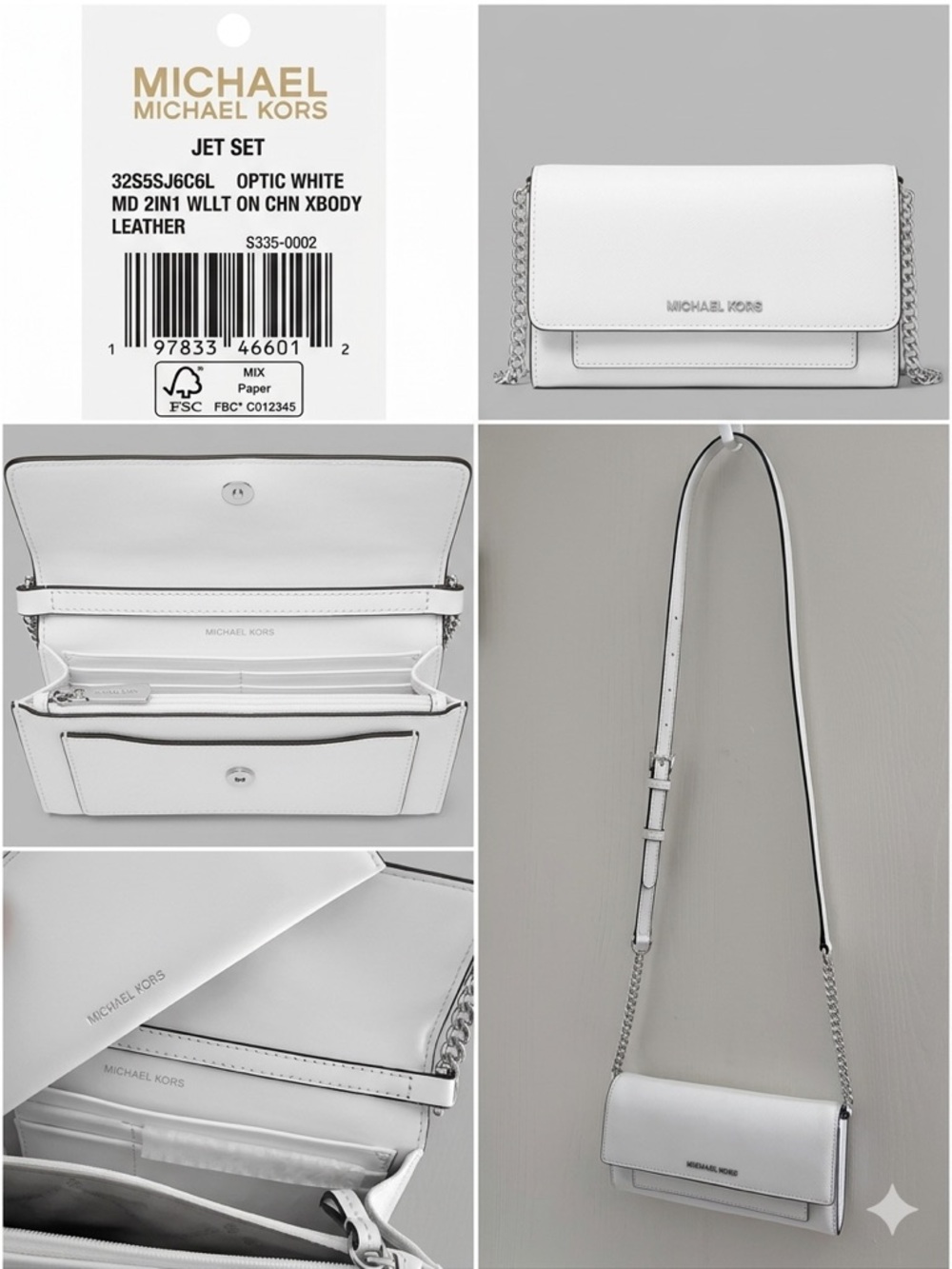 Michael Kors White Leather Chain-Strap Crossbody Wallet